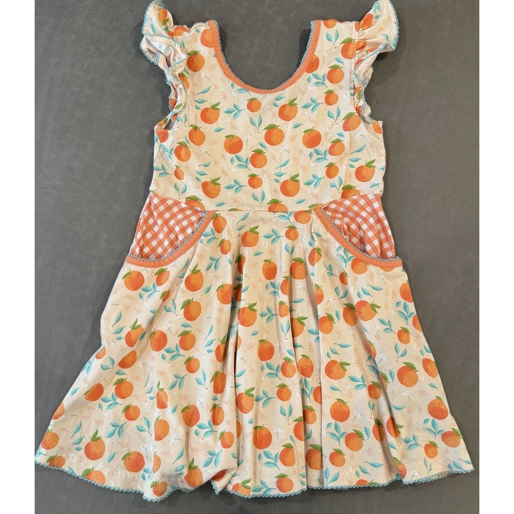 Serendipity Shrimp & Grits Girls Orange Fruit Print Dress Gingham Pockets 4T-5T
